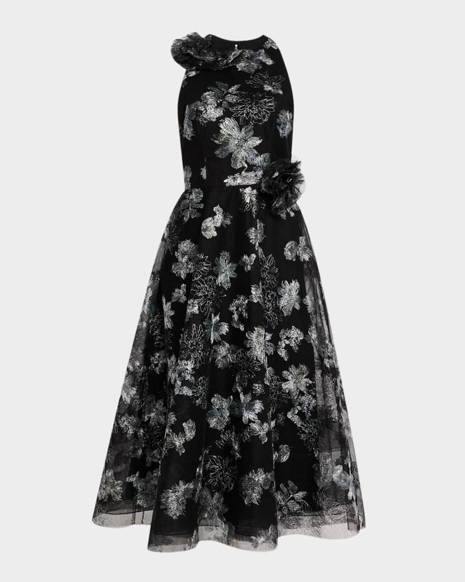 Metallic Floral-Embroidered Tulle Midi Dress Product Image