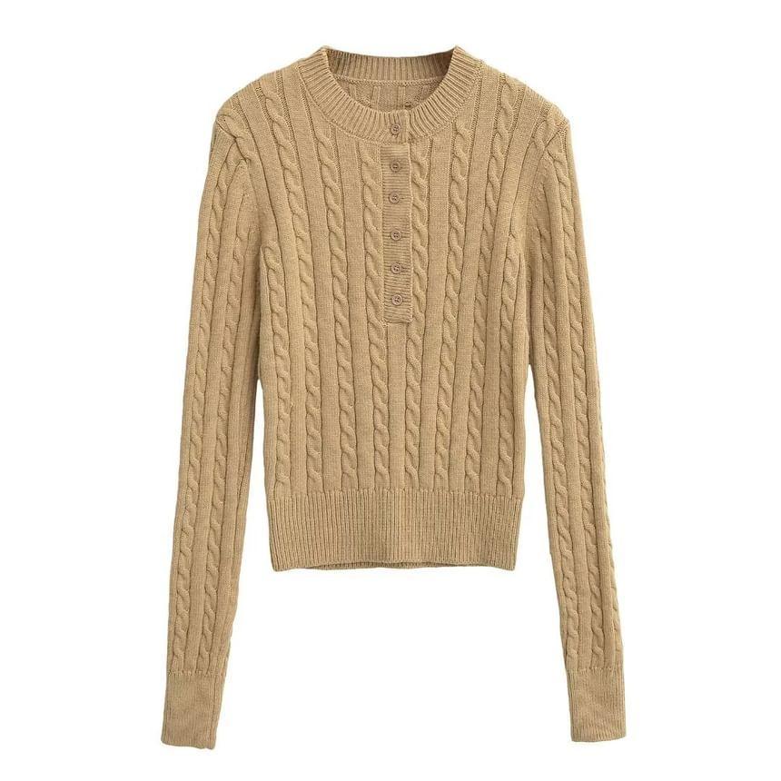 Long-Sleeve Crewneck Half Buttoned Plain Knit Top Product Image