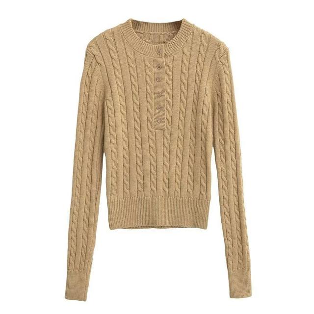 Long-Sleeve Crewneck Half Buttoned Plain Knit Top Product Image