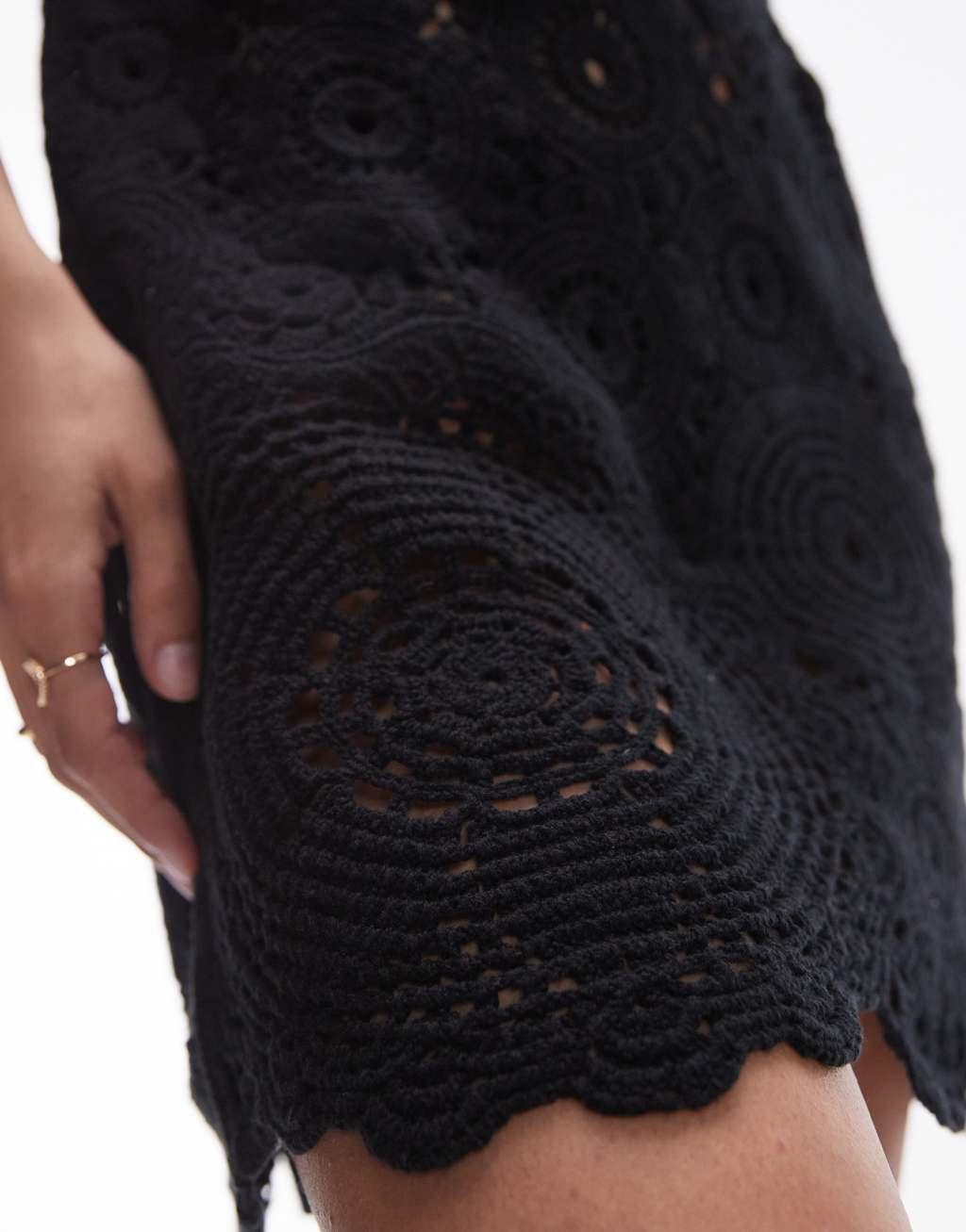 Topshop knit premium crochet mini dress in black Product Image