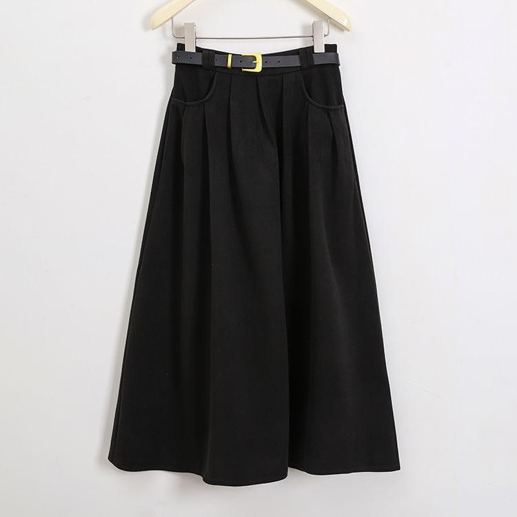 High Waist Plain Midi A-Line Pleated Skirt Product Image