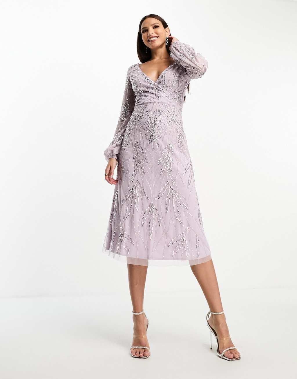 Beauut Tall Bridesmaid embellished wrap front midi dress Product Image