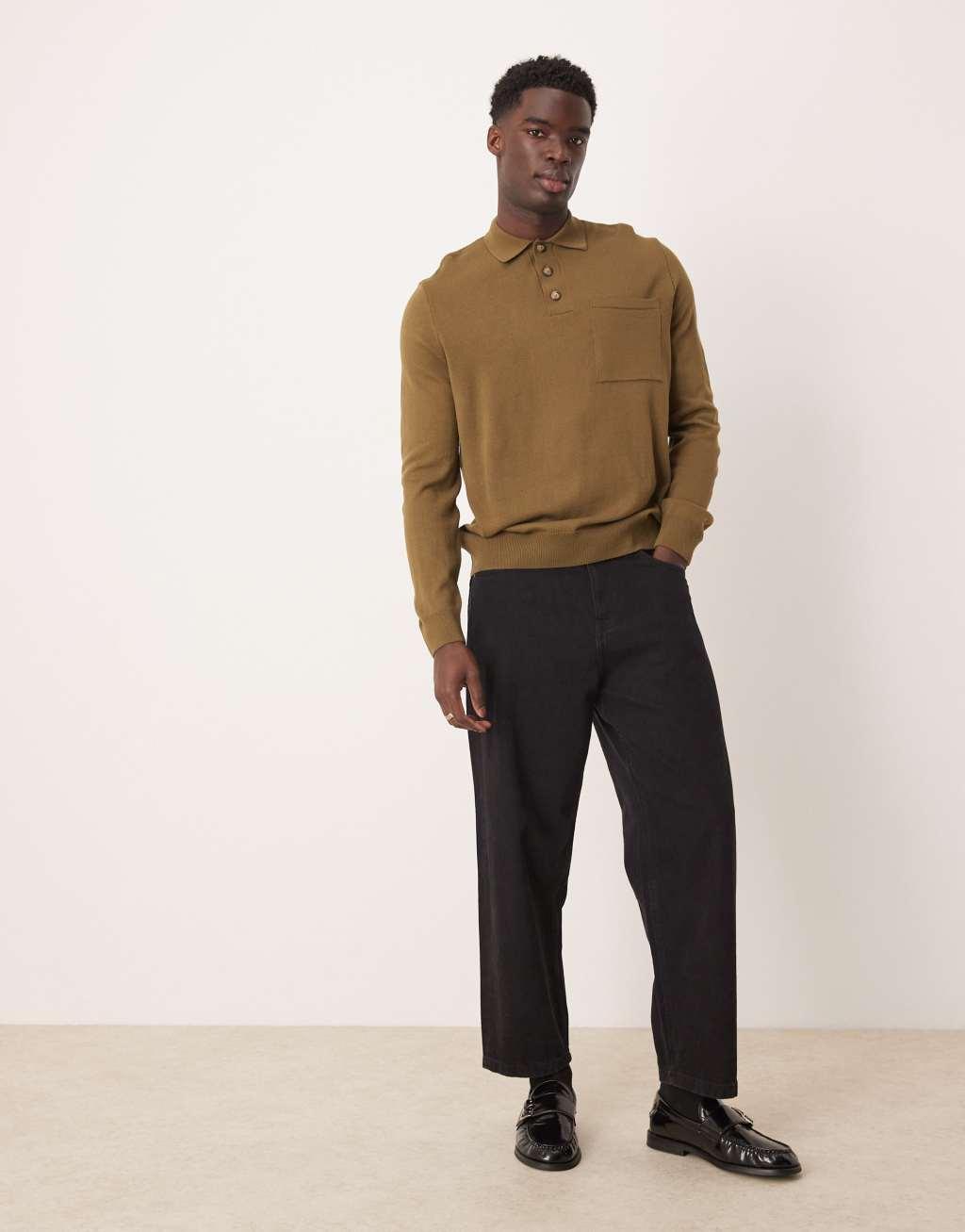 ASOS DESIGN relaxed boxy fit knit polo sweater with chest pocket in khaki Product Image