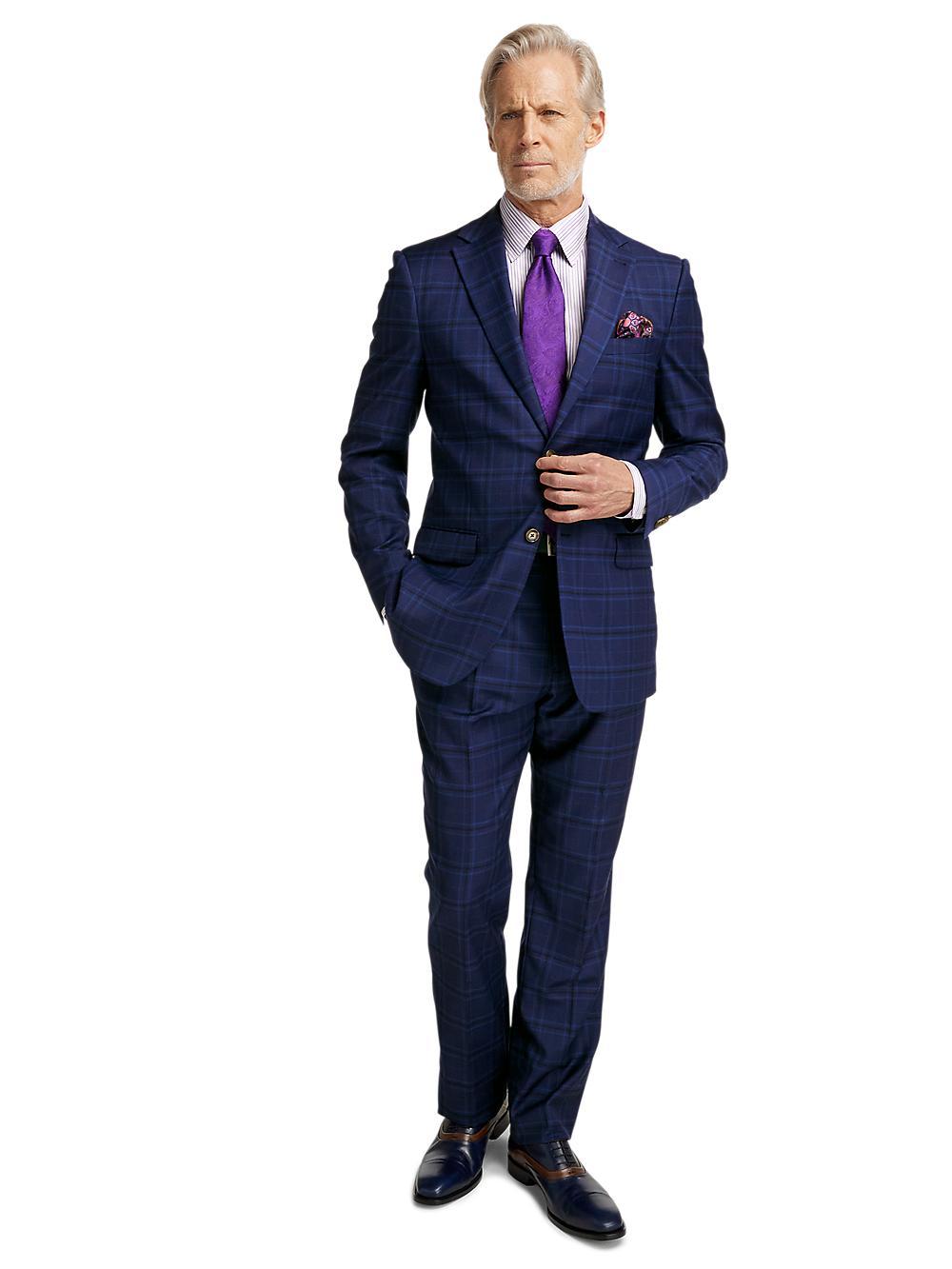 Wool Stretch Plaid Single Breasted Notch Lapel Suit - Blue Product Image