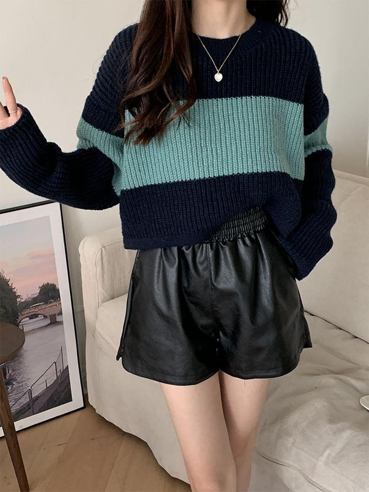 Drop Shoulder Round Neck Striped Crop Sweater Product Image