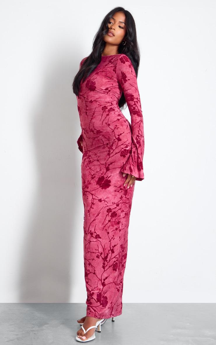 Tall Pink Floral Devore Long Sleeve Tie Waist Maxi Dress Product Image