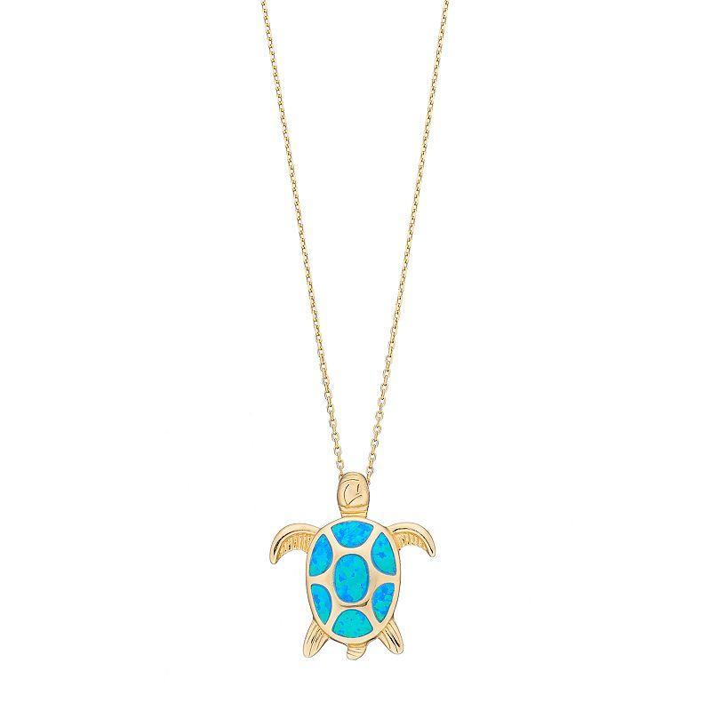 14k Gold Over Silver Lab-Created Blue Opal Turtle Pendant, Womens Product Image