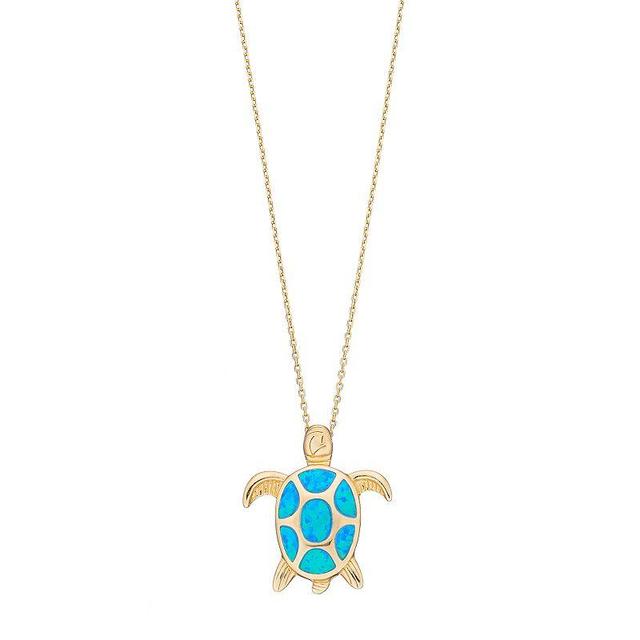 14k Gold Over Silver Lab-Created Blue Opal Turtle Pendant, Womens Gold Tone Product Image