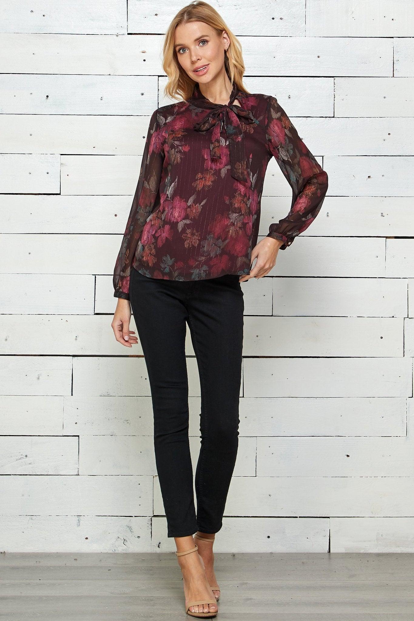 Sara Michelle Long Sleeve Side Tie Neck Blouse Product Image