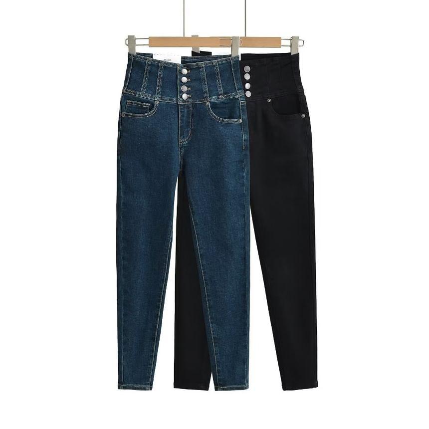 High Waist Plain Slim Leg Jeans Product Image