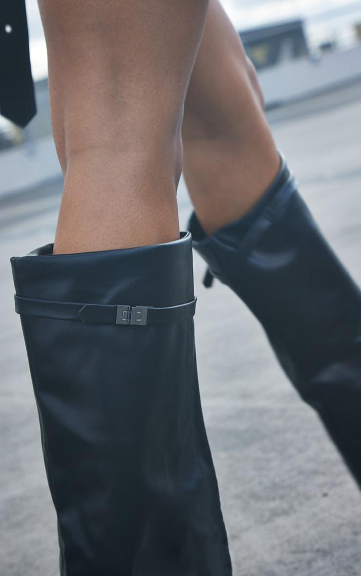 Black PU Matte Fold Over Knee Block Heeled Boots Product Image