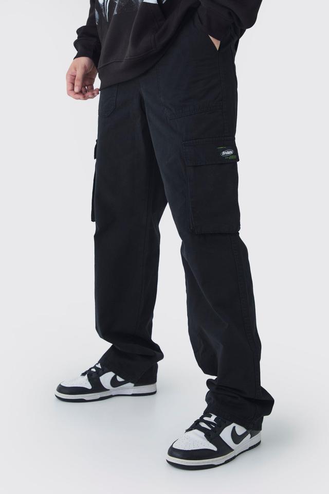 Mens Black Tall Fixed Waist Branded Relaxed Fit Cargo Trousers, Black Product Image