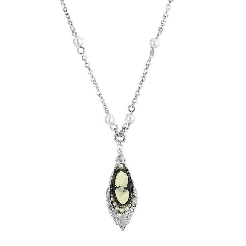 1928 Silver Tone Black & White Teardrop Cameo Pendant Necklace, Womens Product Image