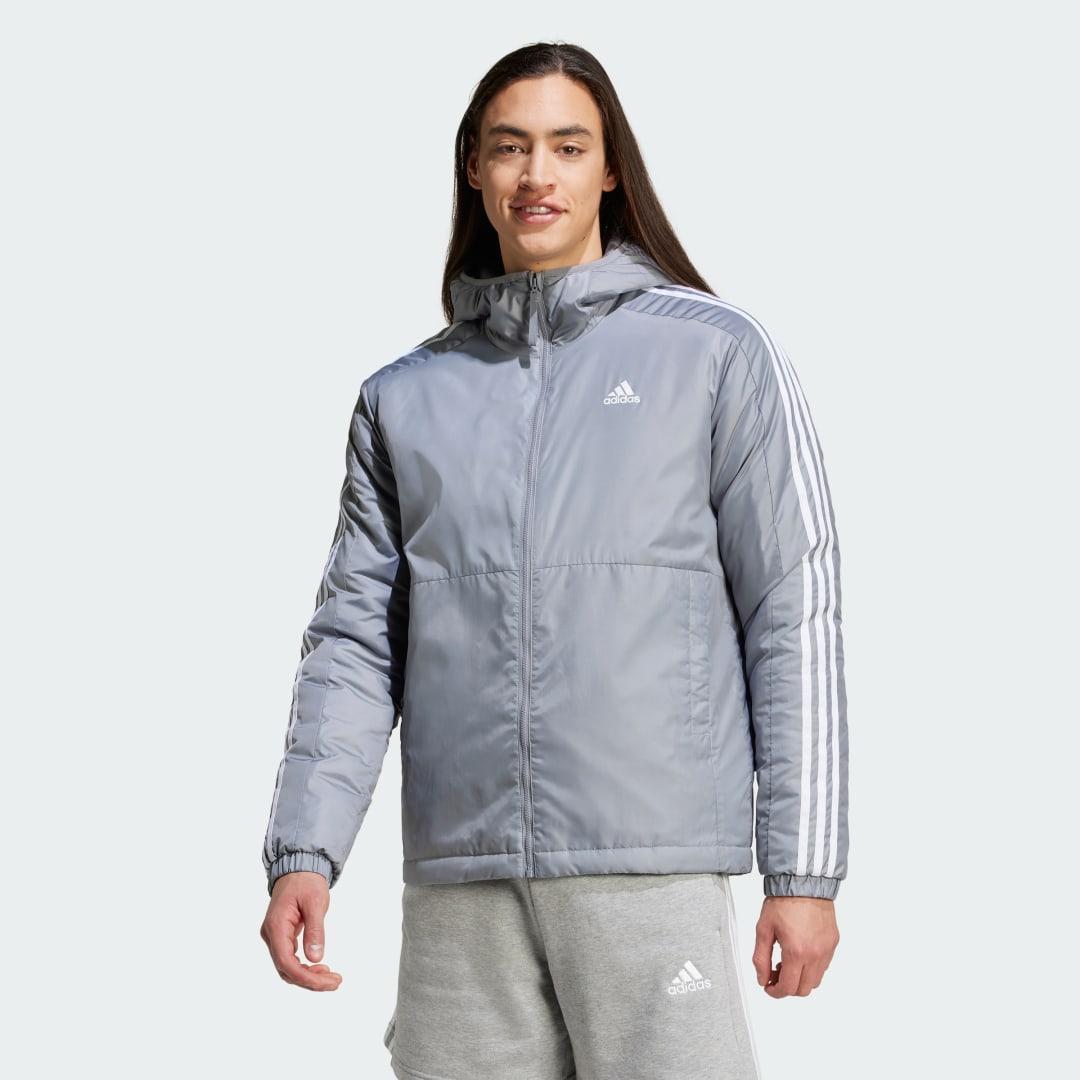 adidas Essentials 3-Stripes Insulated Hooded Jacket Grey 2XL Mens Product Image