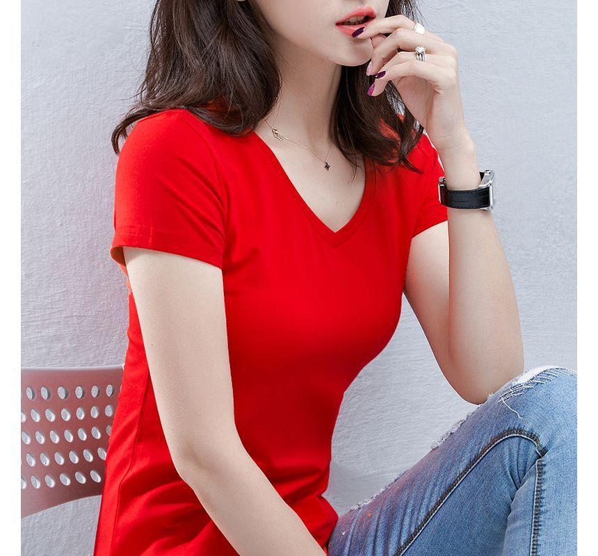 Short-Sleeve V-Neck Plain Top Product Image