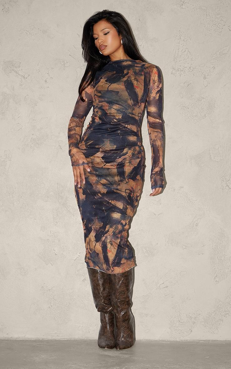 Brown Abstract Ruched Mesh Long Sleeve Midi Dress Product Image