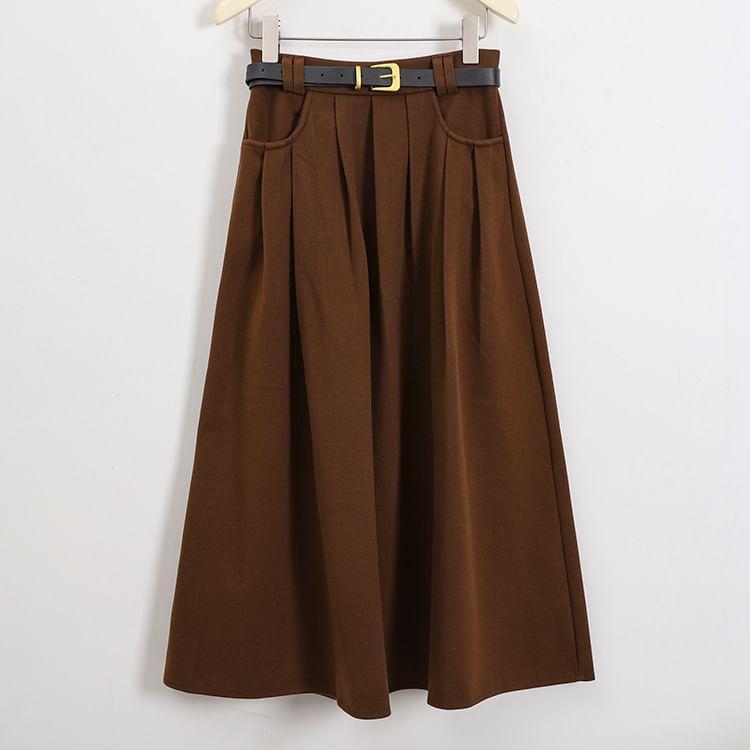 High Waist Plain Midi A-Line Pleated Skirt Product Image