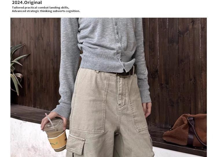 High Waist Plain Wide Leg Cargo Pants Product Image