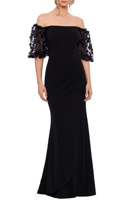 Xscape 3D Flower Applique Off-the-Shoulder Short Puffed Sleeve Scuba Crepe Sheath Gown Product Image