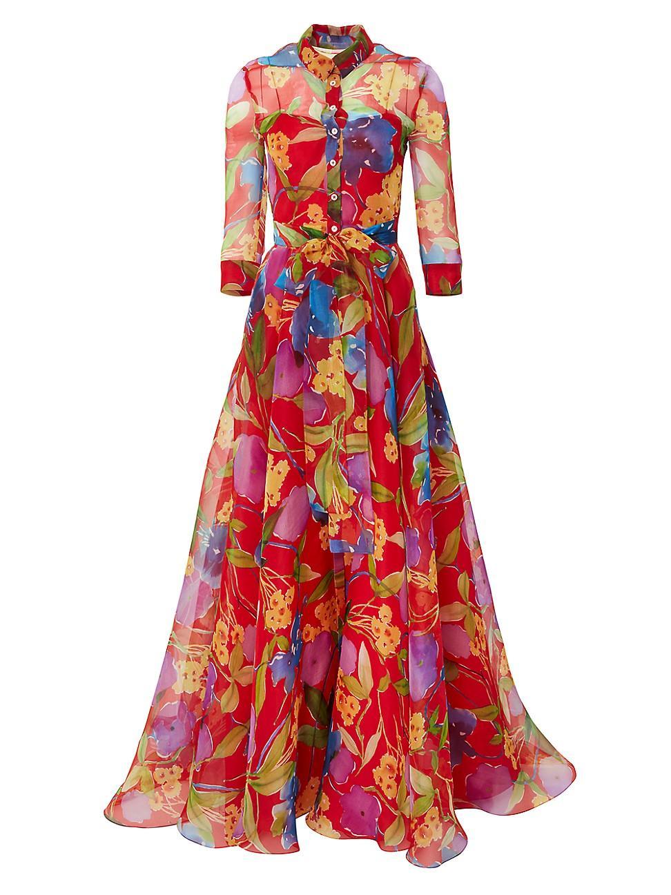 Carolina Herrera Floral Print Silk Chiffon Trench Gown Product Image