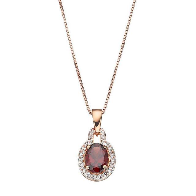 Gemminded 14k Rose Gold Over Silver Garnet & White Topaz Oval Halo Pendant Necklace, Womens Red Product Image