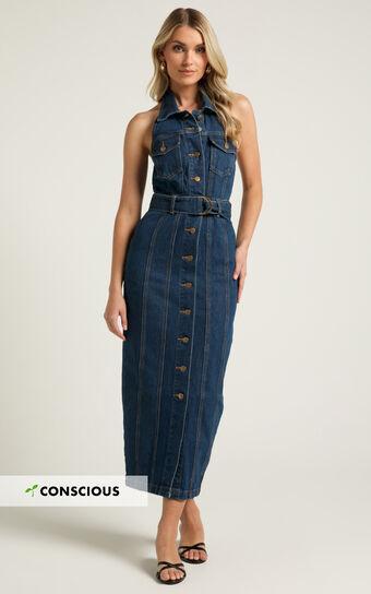 Dubai Denim Midi Dress - Sleeveless Collared Halter Neck in Dark Wash Product Image