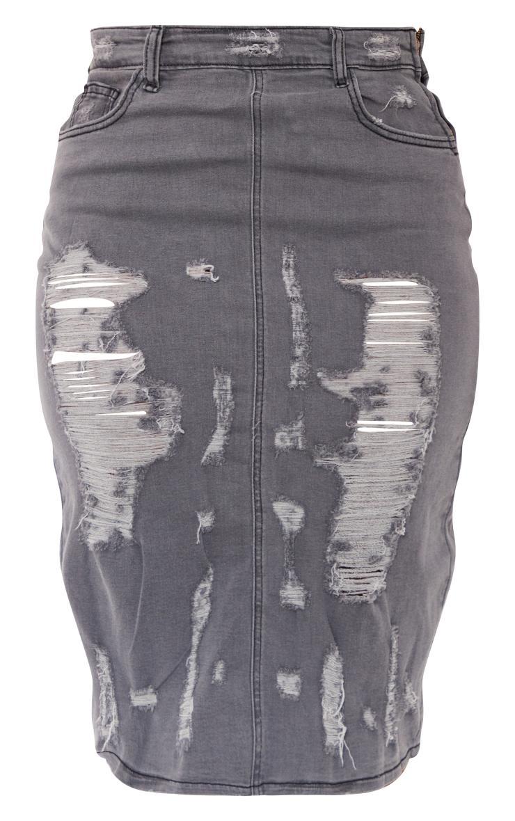 Shape Washed Grey Stretch Denim Frayed Detail Midi Skirt Product Image