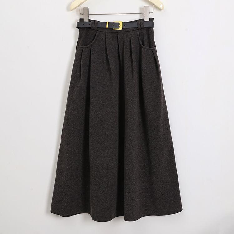 High Waist Plain Midi A-Line Pleated Skirt Product Image