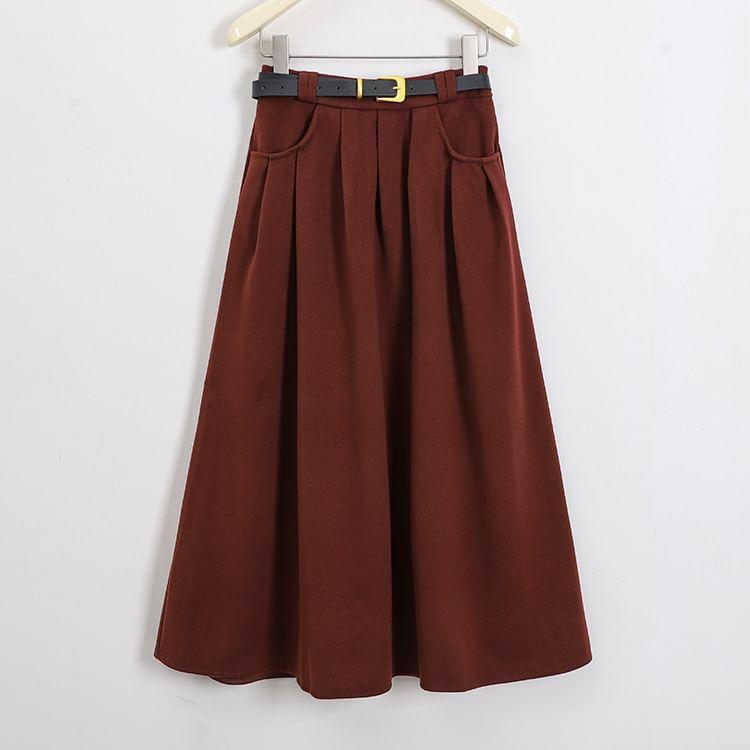 High Waist Plain Midi A-Line Pleated Skirt Product Image