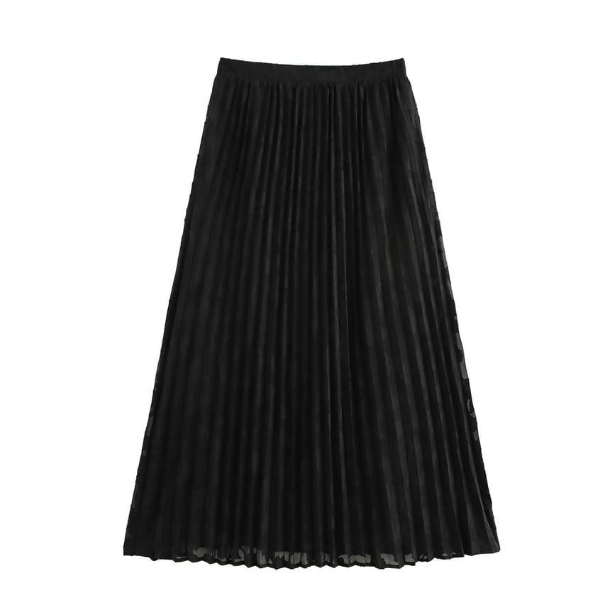 Long Sleeve Collared Patterned Accordion Pleated Shirt / High Rise Maxi A-Line Skirt Product Image