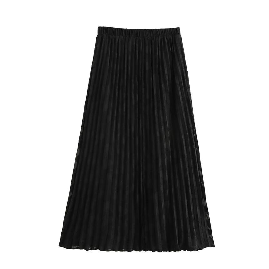 Long Sleeve Collared Patterned Accordion Pleated Shirt / High Rise Maxi A-Line Skirt Product Image