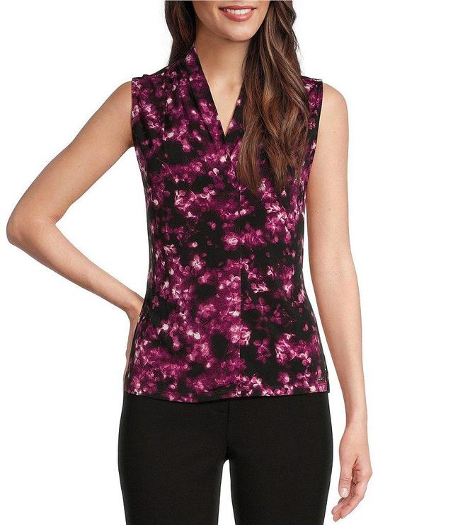 Calvin Klein Printed Pebble Crepe Sleeveless V-Neck Top Product Image