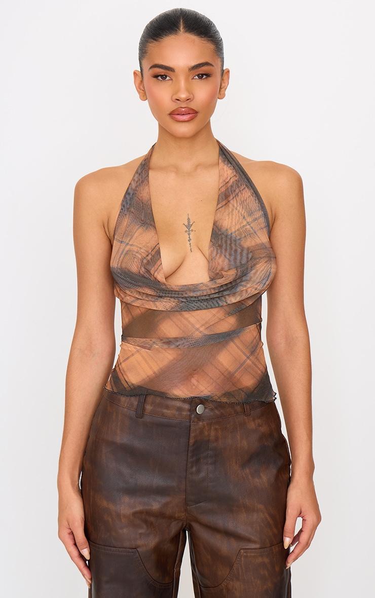 Brown Check Print Mesh Cowl Halterneck Crop Top Product Image