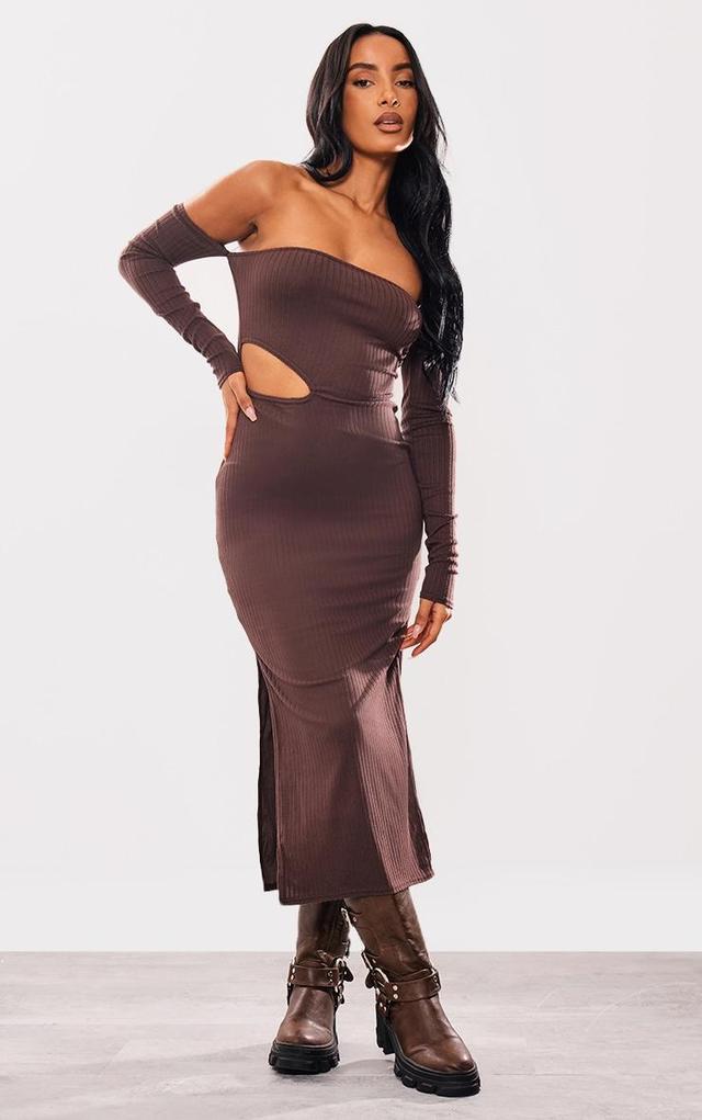 Chocolate Soft Rib Cut Out Bardot Midaxi Dress Product Image