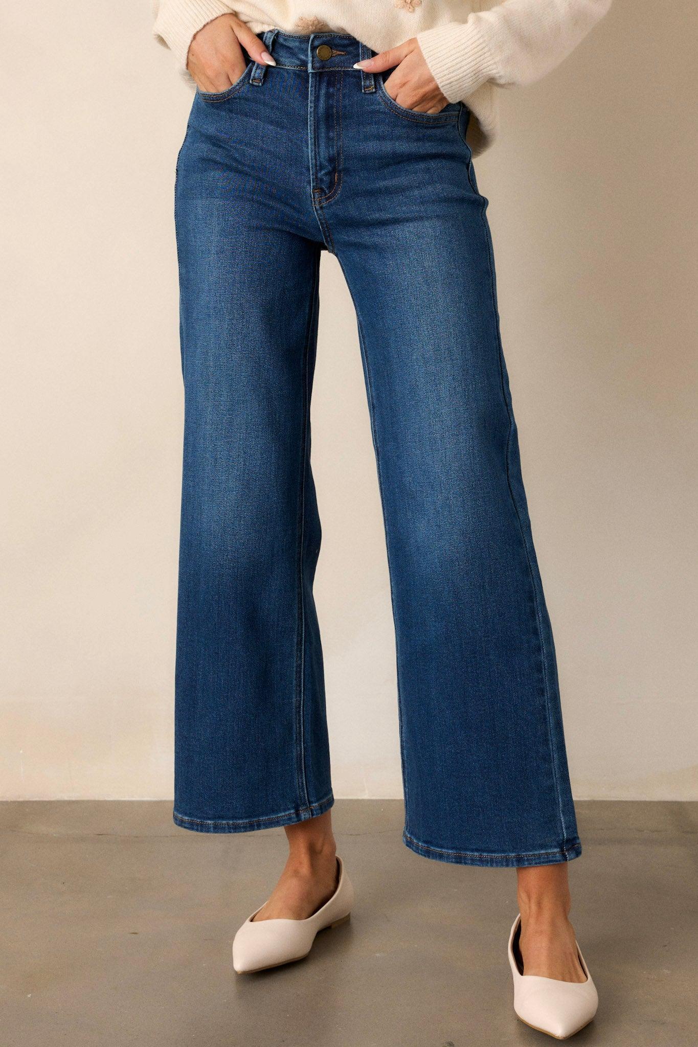 Into The Clouds Dark Wash Cropped Wide Leg Jeans Product Image