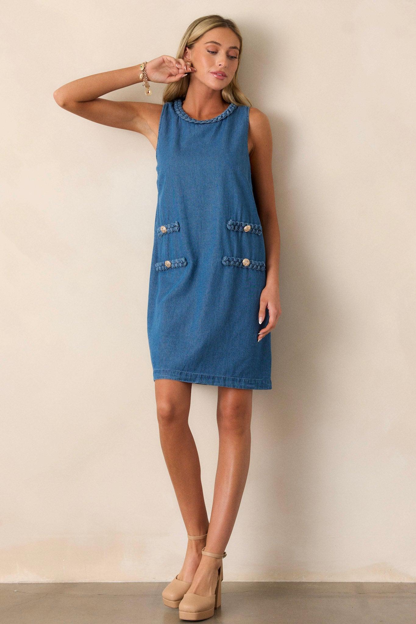 Chic Charm 100% Cotton Medium Wash Chambray Mini Dress Product Image