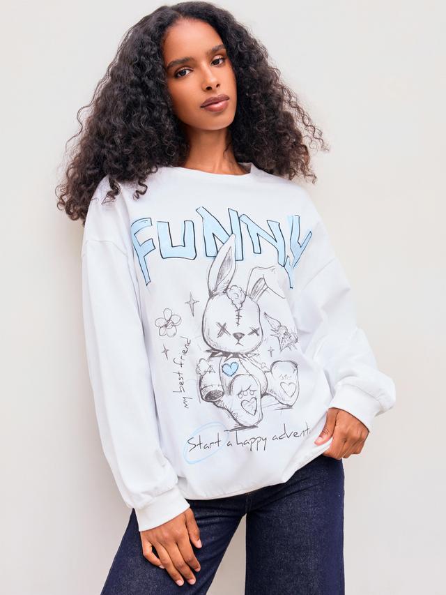 Funny Rabbit Cotton-blend Round Neckline Graphic Oversized Sweatshirt Product Image