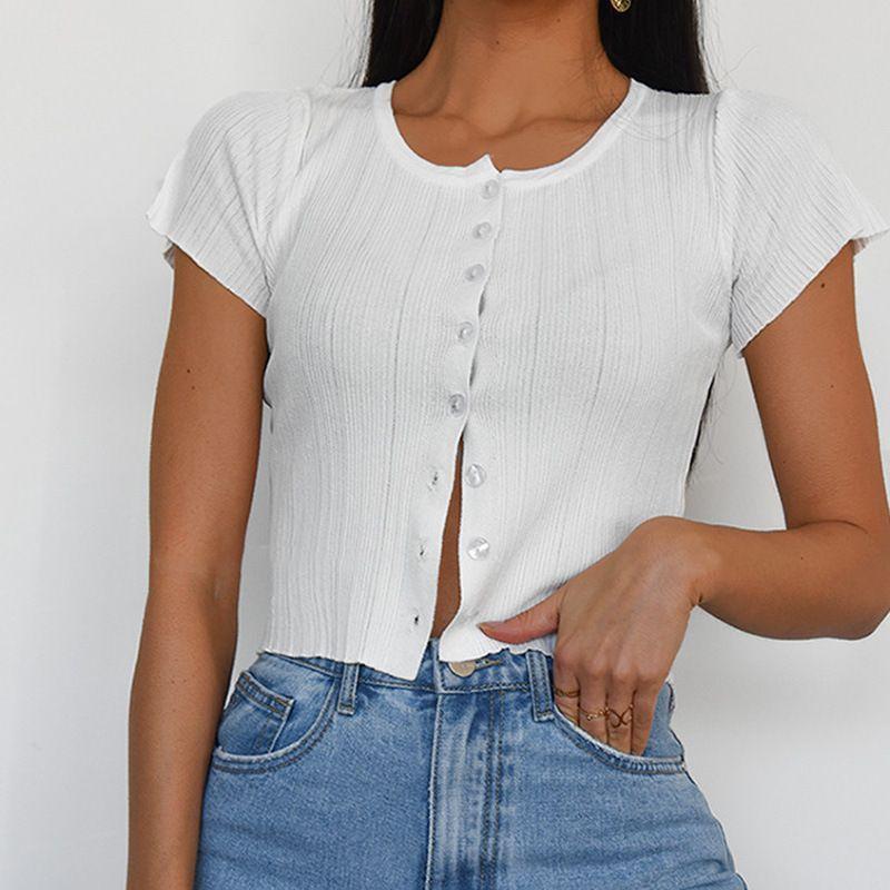 Ribbed Button-Up Short-Sleeve Crop Top product image