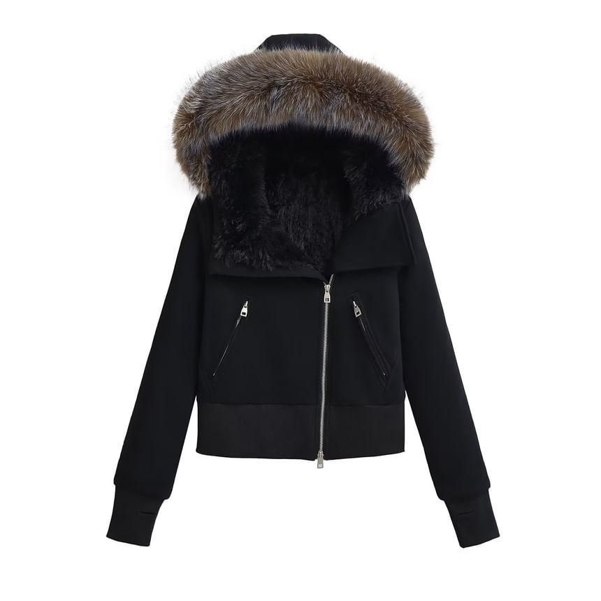 Fluffy Trim Hooded Zip Up Crop Jacket Product Image