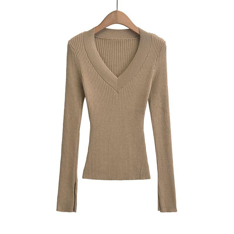 V-Neck Long Sleeve Plain Ribbed Knit Sweater Product Image