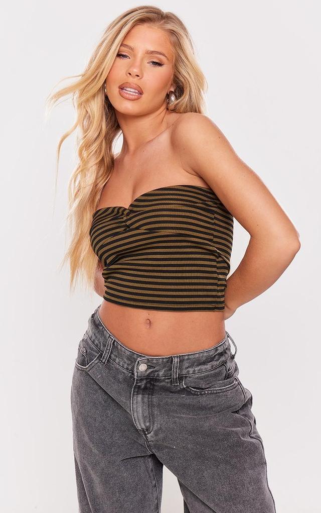 Khaki Stripe Rib Twist Bust Crop Top Product Image