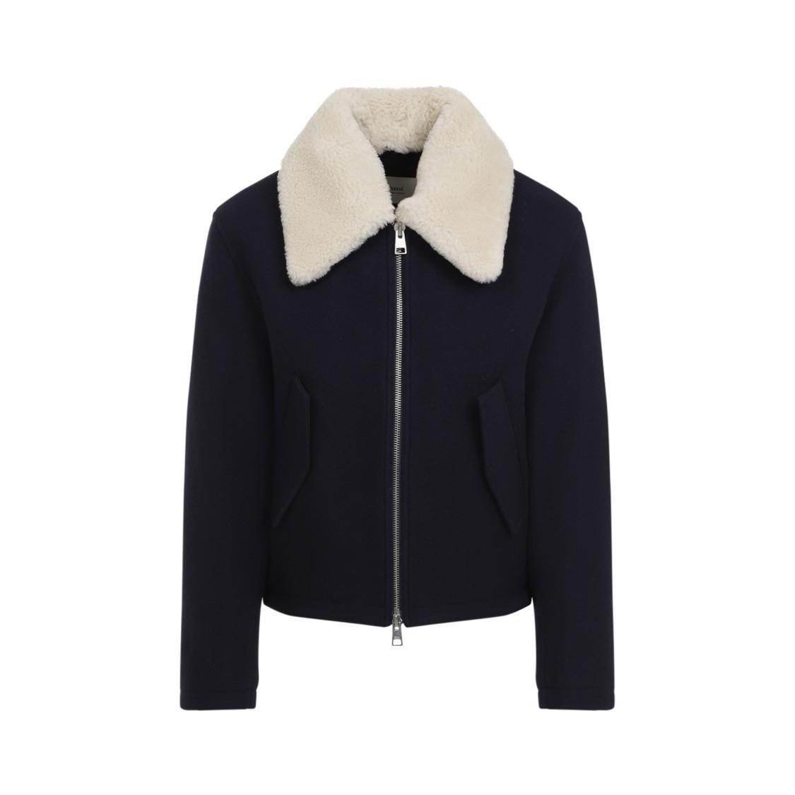 AMI ALEXANDRE MATTIUSSI Ami Wool Blend Jacket With Shearling Collar And Modern Silhouette In Blue Product Image