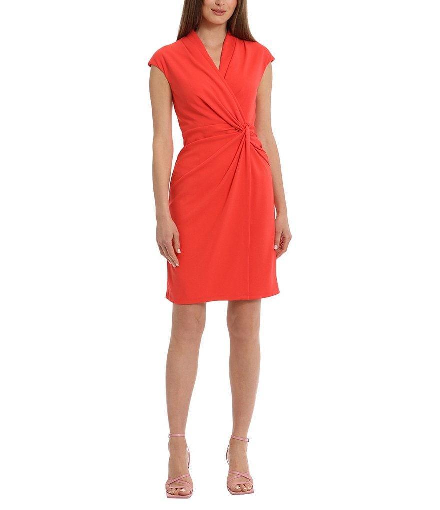 Maggy London Stretch V Neckline Cap Sleeve Twist Knot Bodice Wrap Front Sheath Dress Product Image