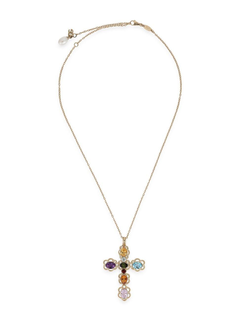 Womens 18K Yellow Gold & Semi-Precious Multi-Gemstone Cross Pendant Necklace Product Image