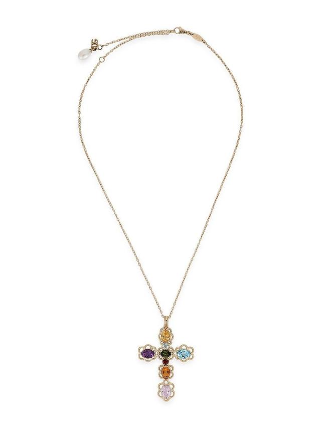 Womens 18K Yellow Gold & Semi-Precious Multi-Gemstone Cross Pendant Necklace Product Image