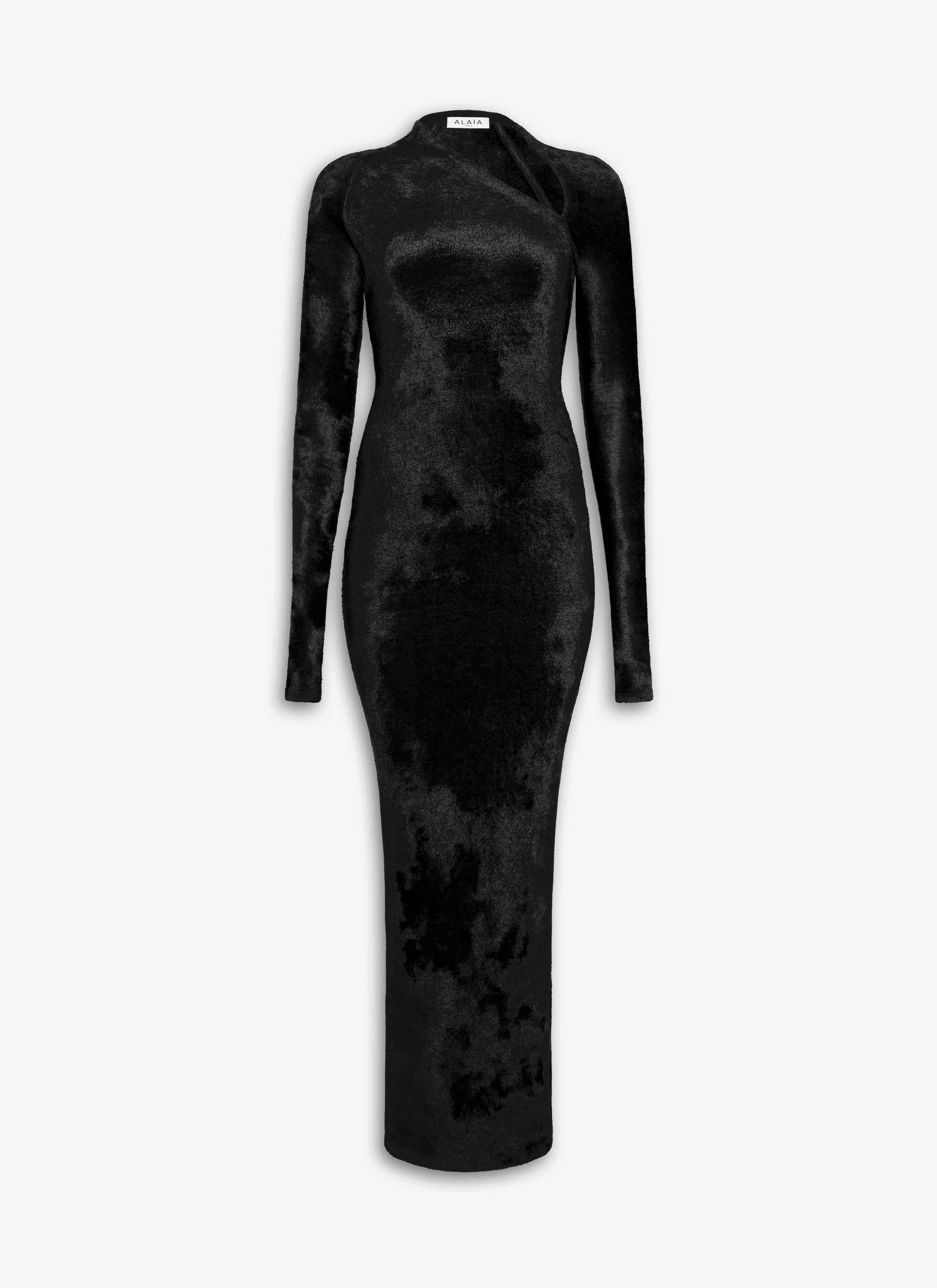 Black BODYCON MAXI DRESS IN SHINY VELVET KNIT Product Image