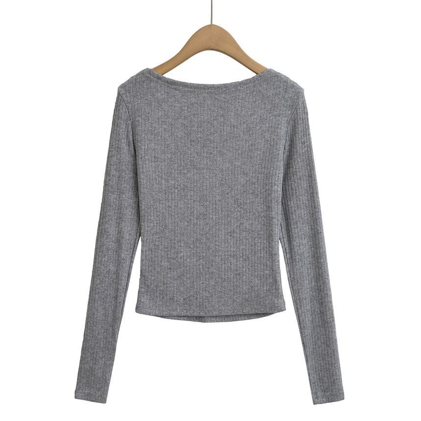 Long-Sleeve V-Neck Cutout Plain Knit Top Product Image