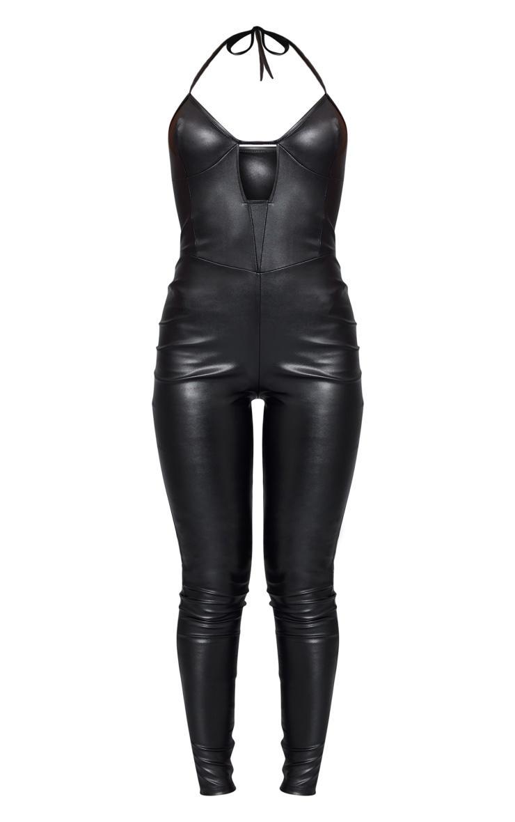 Black PU Cup Detail Cut Out Chest Halterneck Jumpsuit Product Image