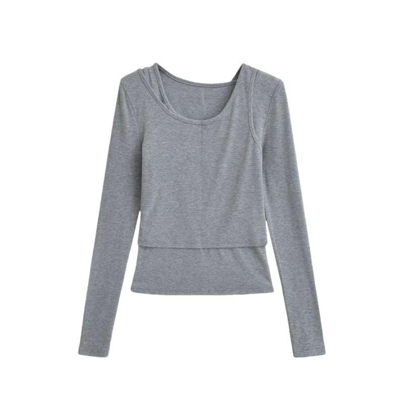 Long Sleeve Crew Neck Plain Mock Two Piece T-Shirt Product Image