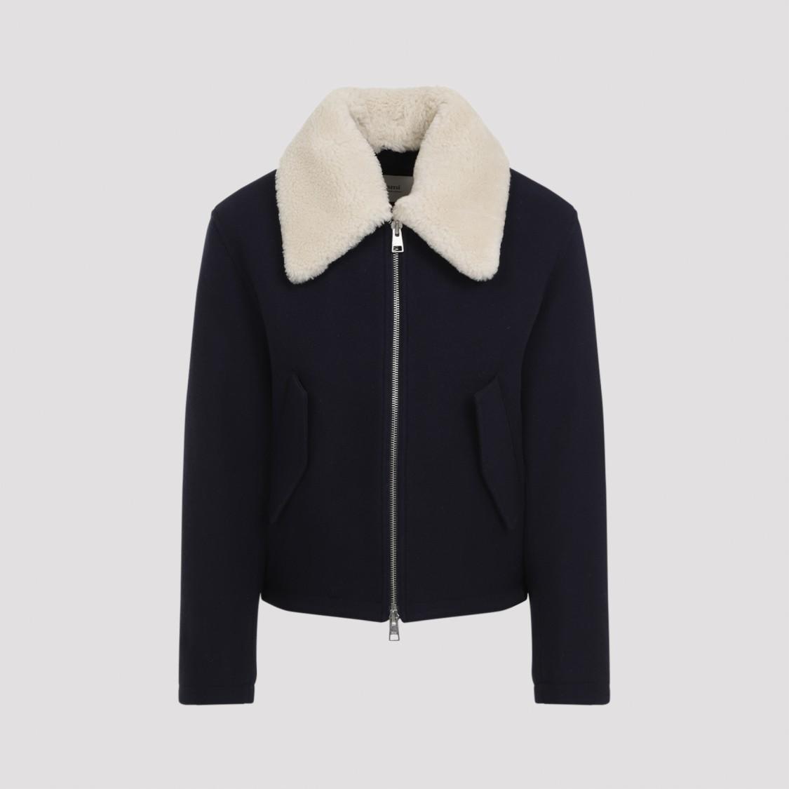 AMI ALEXANDRE MATTIUSSI Ami Wool Blend Jacket With Shearling Collar And Modern Silhouette In Blue Product Image